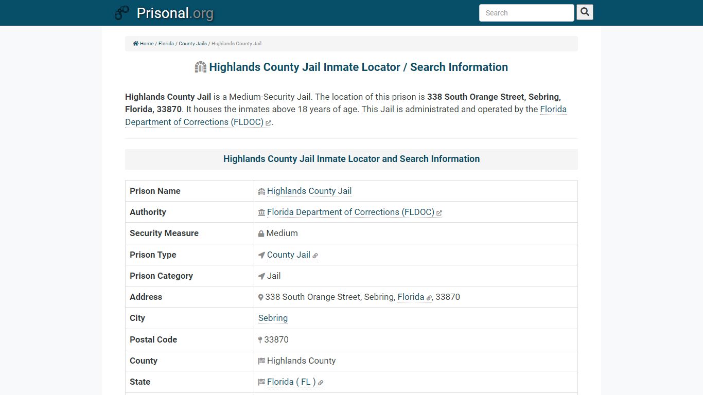 Highlands County Jail-Inmate Locator/Search Info, Phone ...